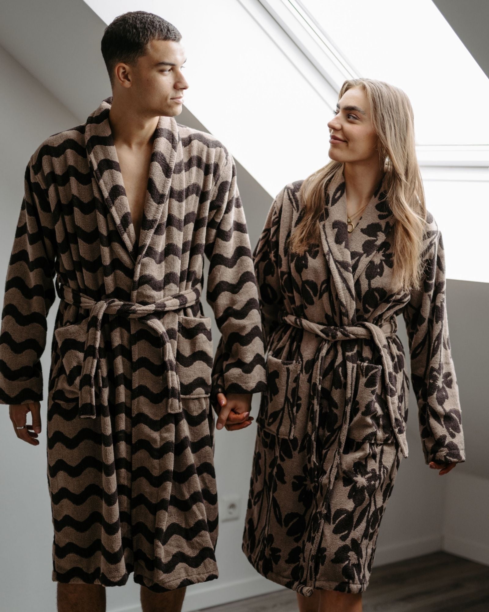 Bundle Couple Bademantel Damen Herren VIVA FLORA Beige-Braun
