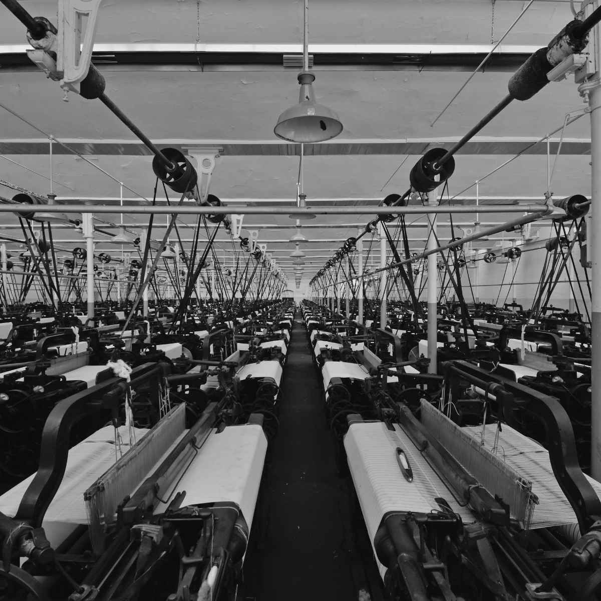 Mechanisierte Webstühle in einer Fabrikhalle, Symbol für den technologischen Fortschritt der Webkunst in den 1950er Jahren